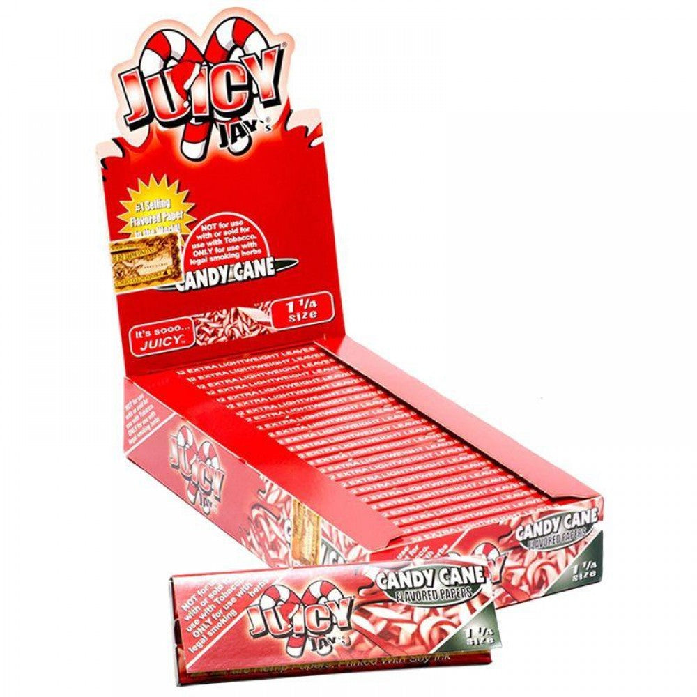 Juicy Jay's 11/4 Candy Cane 24 Pack rolling papers featuring candy cane flavor, lightweight paper construction, smooth texture, and convenient booklet packaging.