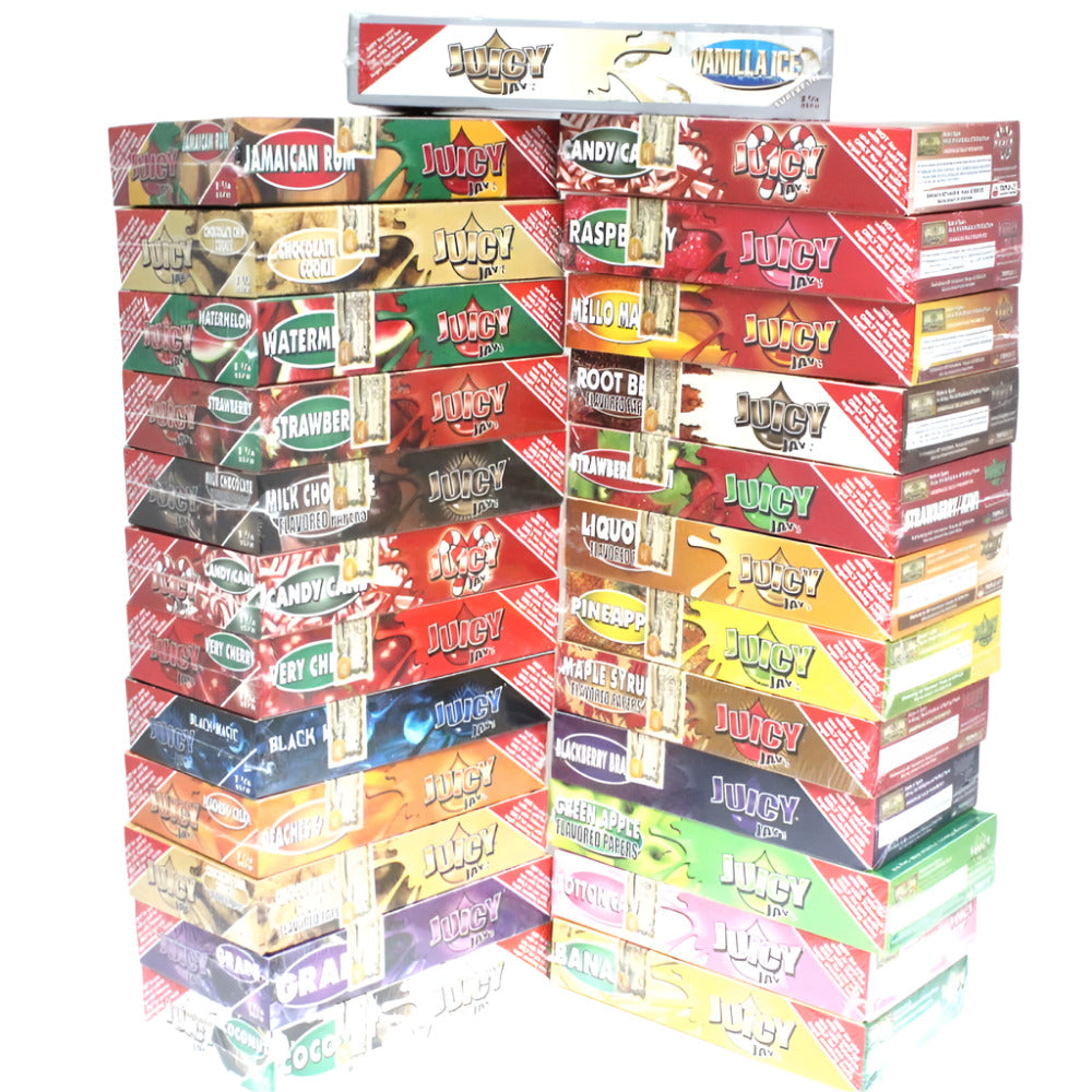 Juicy Jay's 11/4 Flavored Rolling Papers featuring lightweight paper construction, smooth texture, convenient booklet format, and 24-pack packaging.