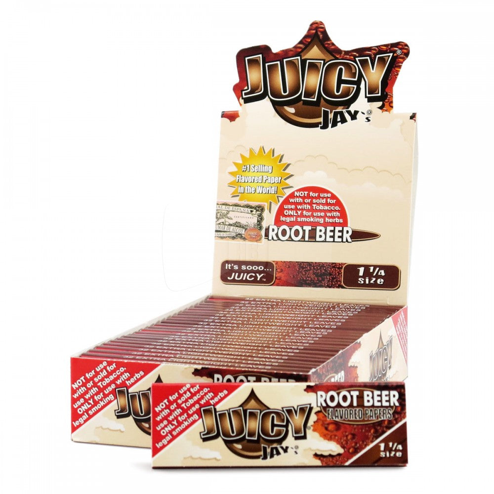 Juicy Jay's 11/4 Root Beer 24 Pack rolling papers featuring root beer flavor, lightweight paper construction, smooth texture, and convenient booklet packaging.