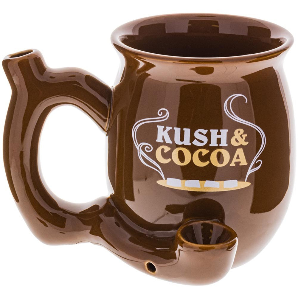 Kush & Coca ceramic fancy design cup with hand pipe featuring artistic detailing, durable ceramic construction, smooth finish, and distinctive novelty styling.