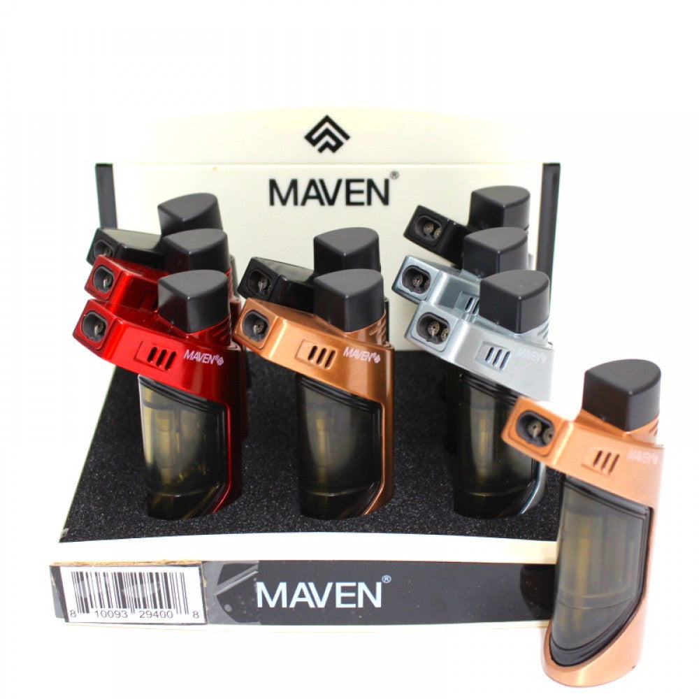 Maven Duo Double Jet Flame Torch Lighter Featuring a Dual Jet Flame Design and Modern Styling, Packaged with 9 Pieces Per Display for Retail and Wholesale Supply.