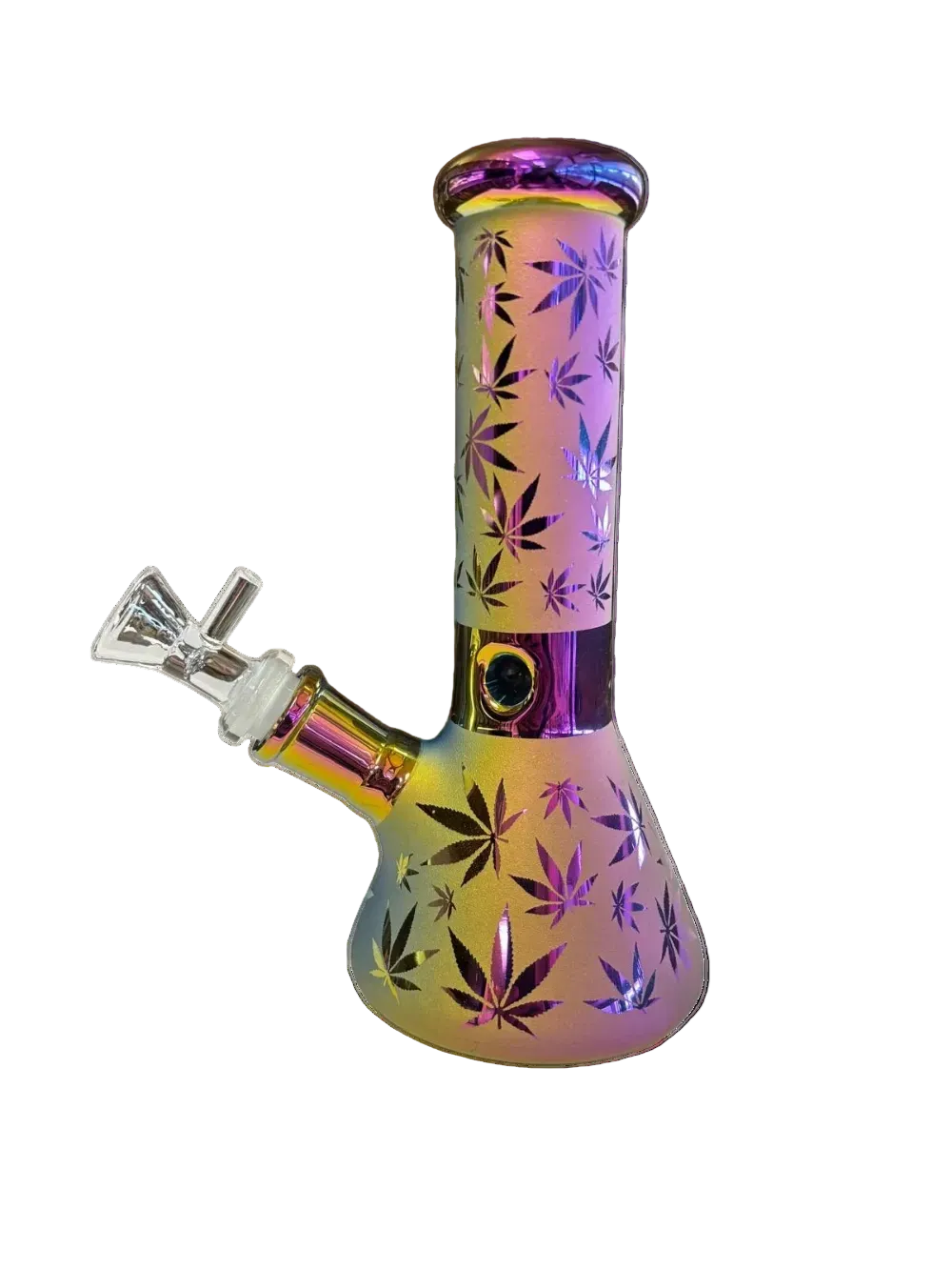 Metallic Hemp Leaf Electroplated Beaker Base Bong with sleek finish and stylish leaf design