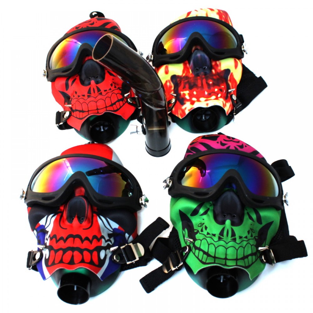 Multi Color Acrylic Skull Gas Mask Pipe Set featuring a distinctive skull design, vibrant finish, durable acrylic construction, and stable base.