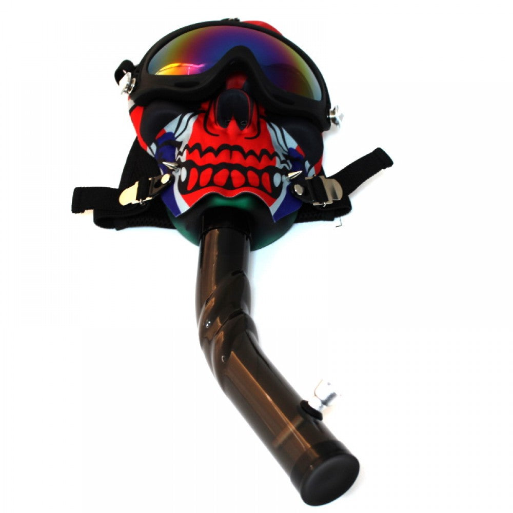 Multi Color Skull Gas Mask Acrylic Water Pipe Set featuring a detailed skull design, vibrant color accents, durable acrylic construction, and sturdy base.