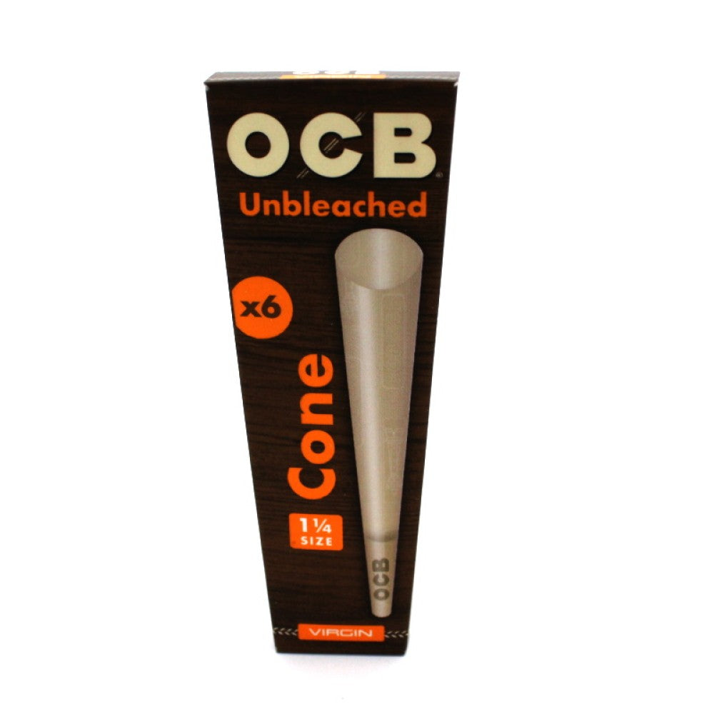 OCB Unbleached 1¼ Pre-Rolled Cones with 6 cones per pack and 32 packs per box, featuring natural unbleached paper and convenient packaging.