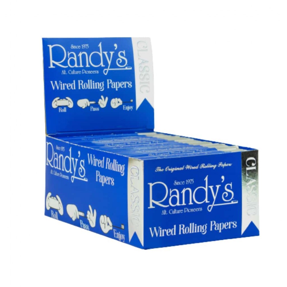 Randy's 77mm Wired Rolling Paper Booklet featuring a compact size, lightweight paper, signature wired design, and convenient portable packaging.