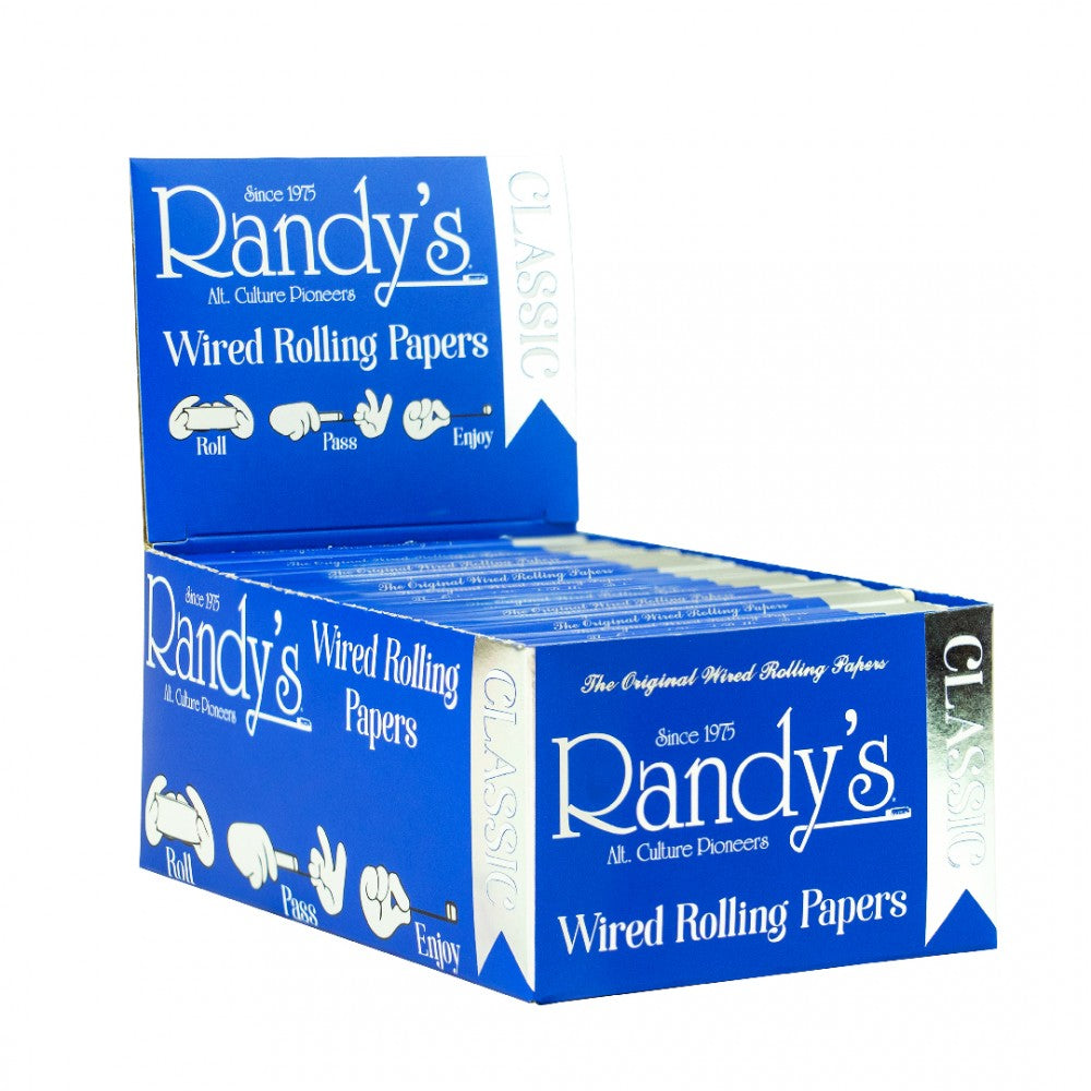 Randy's Classic Wired Rolling Papers featuring lightweight paper construction, a distinctive built-in wire design, and convenient booklet packaging.