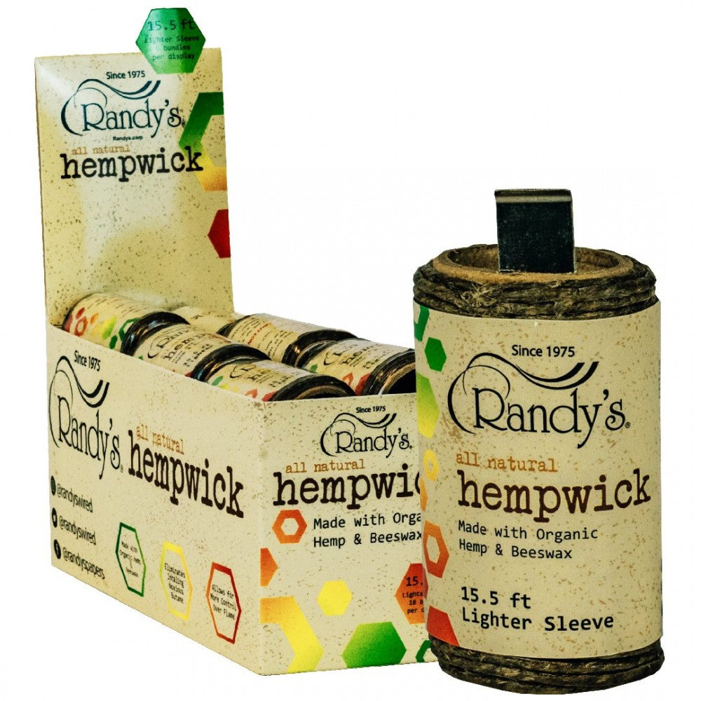Randy's Hemp Wick 15.5 ft Lighter Sleeve featuring natural hemp wick, compact lighter sleeve design, and 18 sleeves per display.