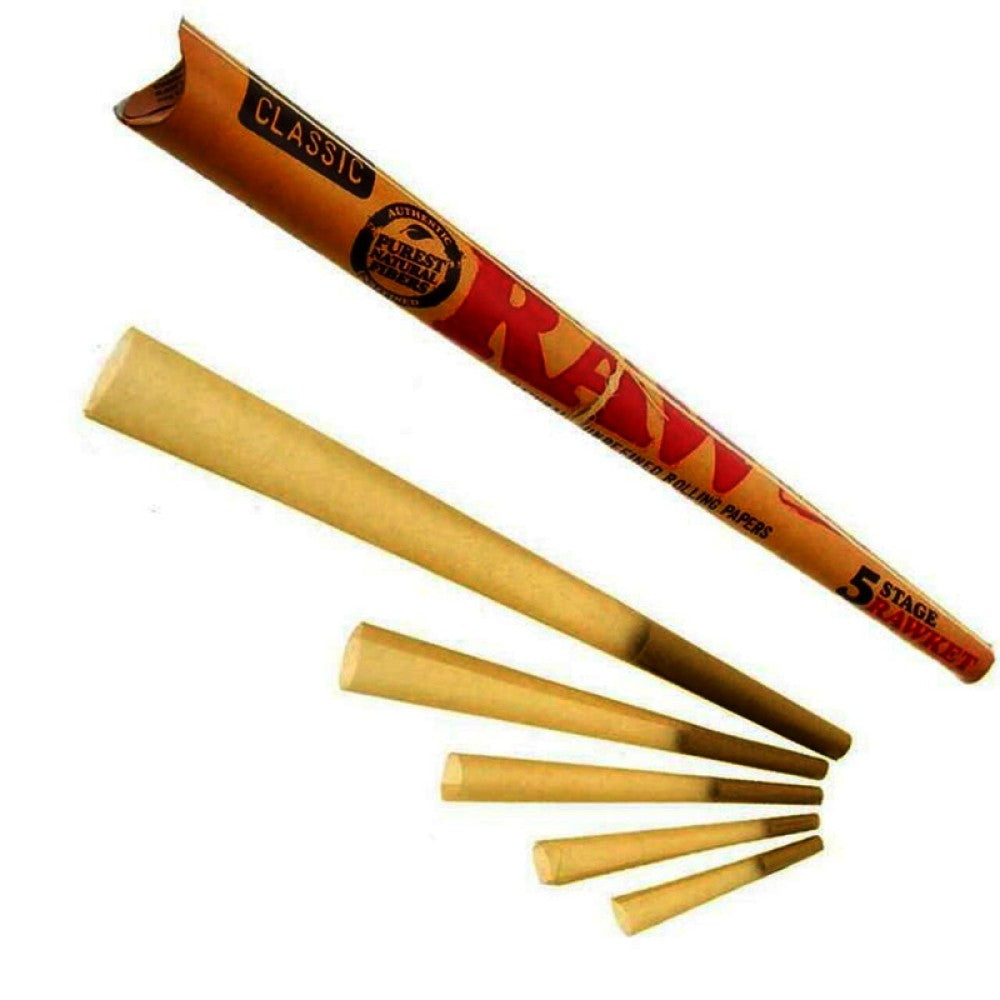 RAW 5 Stage RAWket Pre-Rolled Cones featuring 5 cones per pack, 15 packs per box, 75 cones total, and distinctive RAW branding.