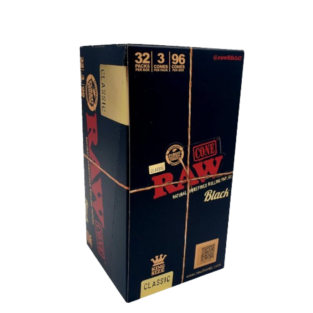 RAW Black Classic King Size Cones featuring 3 cones per pack, 32 packs per box, premium thin paper, and a convenient pre-rolled design.