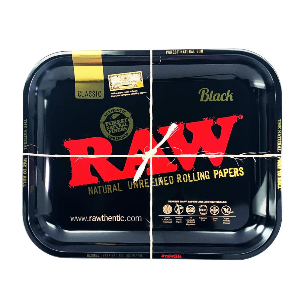 RAW Black Small Rolling Tray measuring 11 x 7 x 1 inches, featuring durable construction, raised edges, smooth surface, and sleek black design.