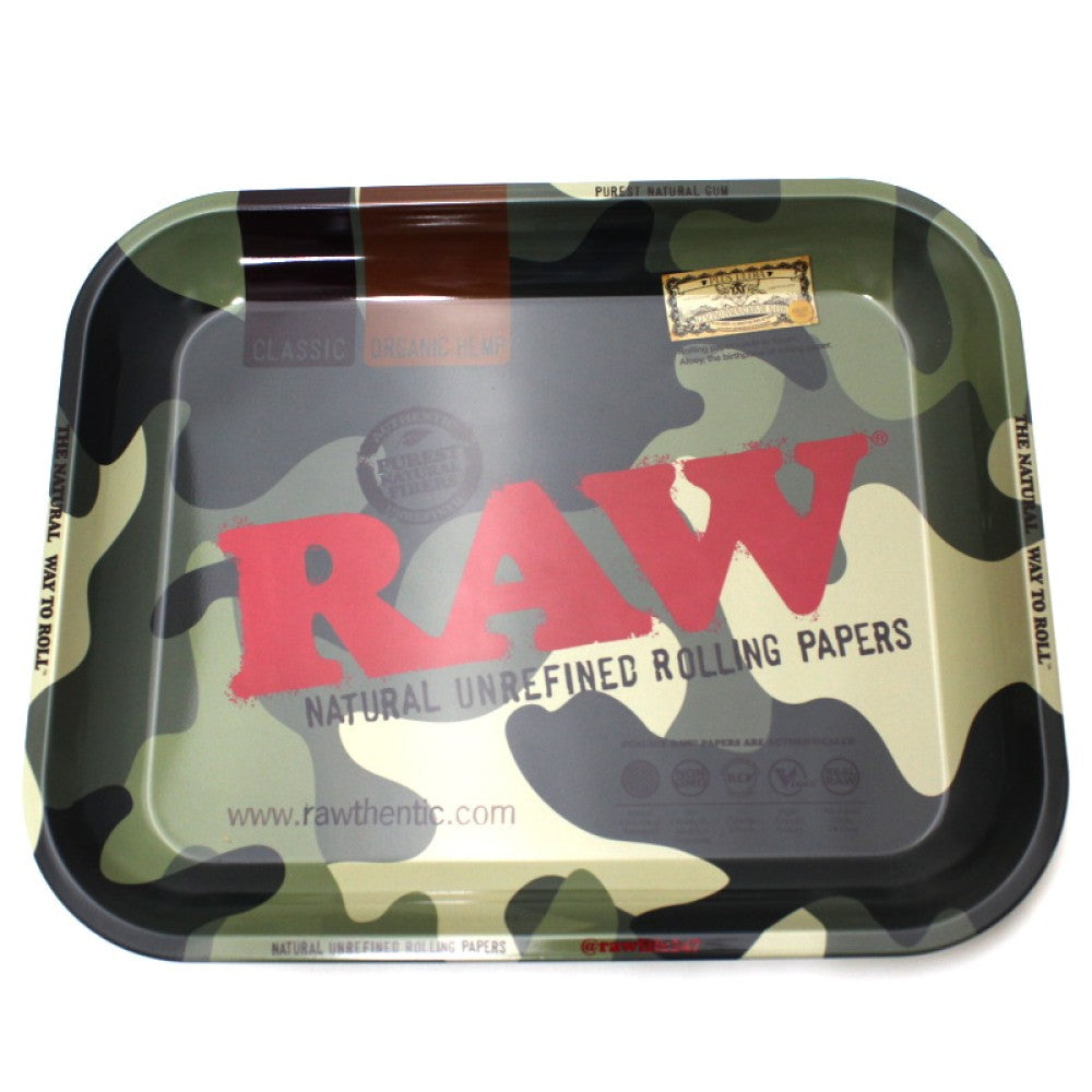 RAW Camo Color Large Tray measuring 13 x 11 inches, featuring durable metal construction, raised edges, spacious surface, and camo design.