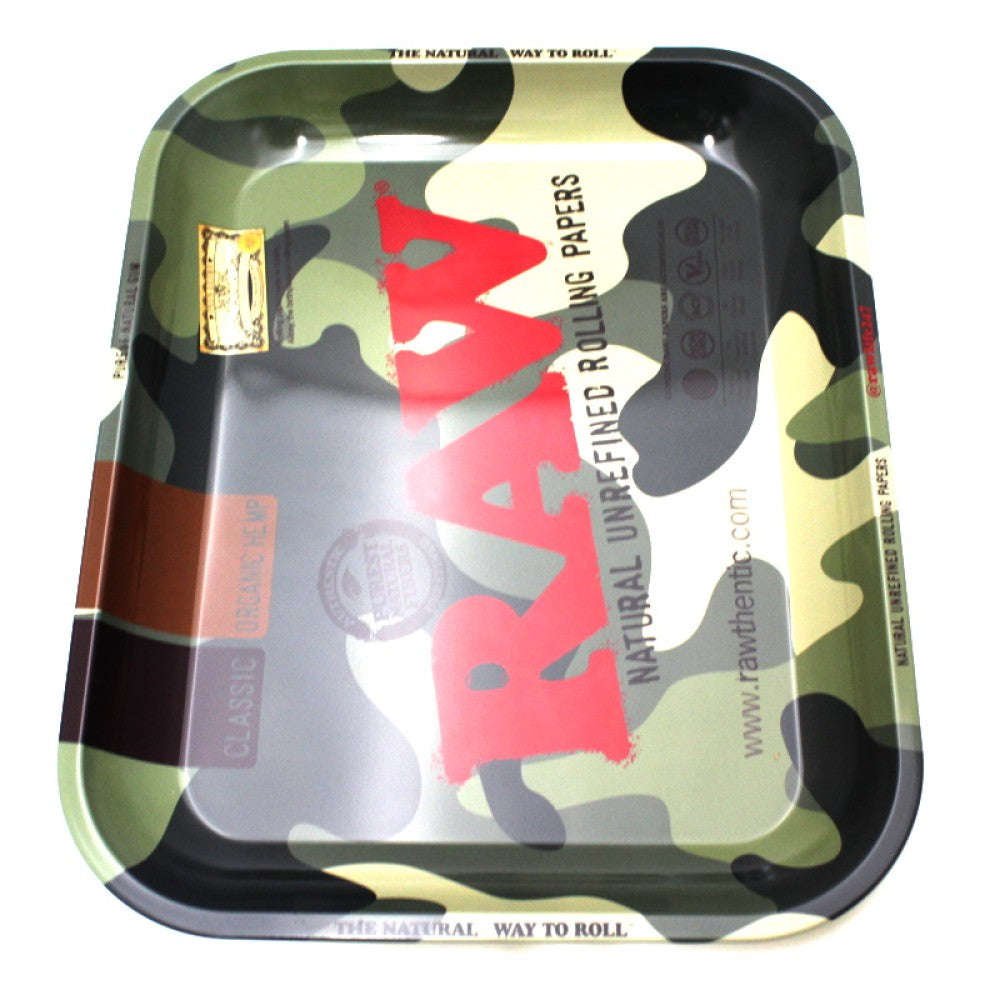 RAW Camo Large Metal Tray 13 x 11 inches featuring a spacious surface, durable construction, raised edges, and distinctive camo color design.