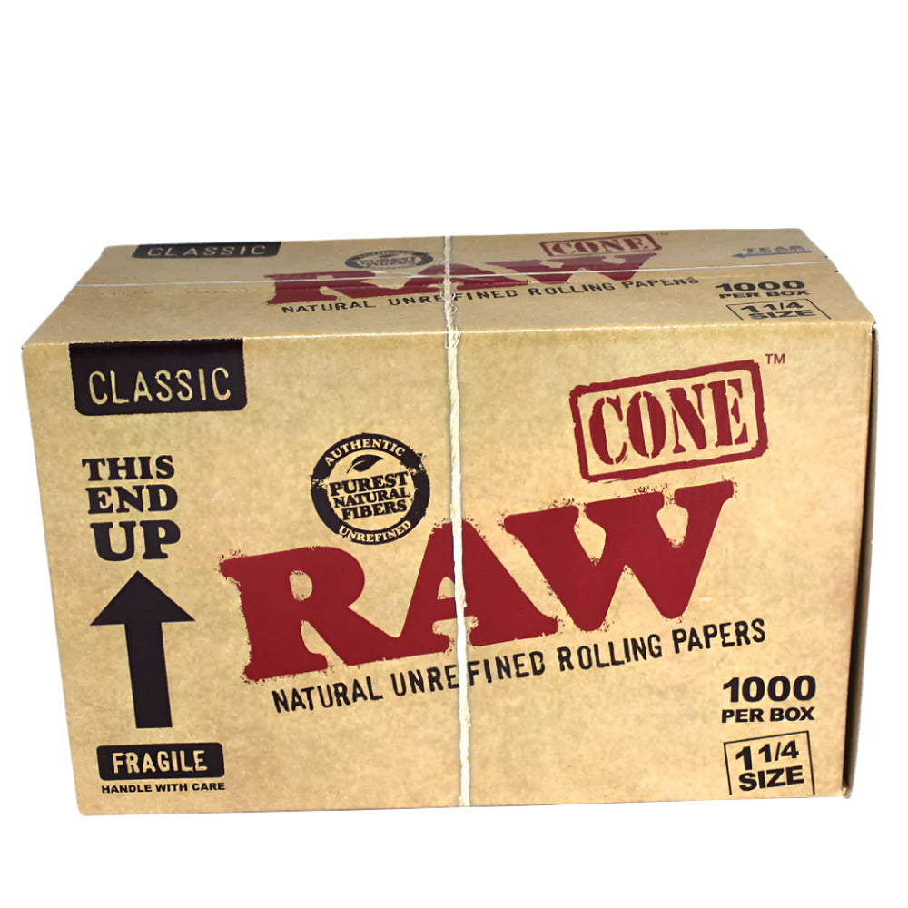 RAW Classic 1¼ Size Pre-Rolled Cones featuring 1,000 cones per box, classic RAW branding, convenient pre-rolled design, and bulk packaging.