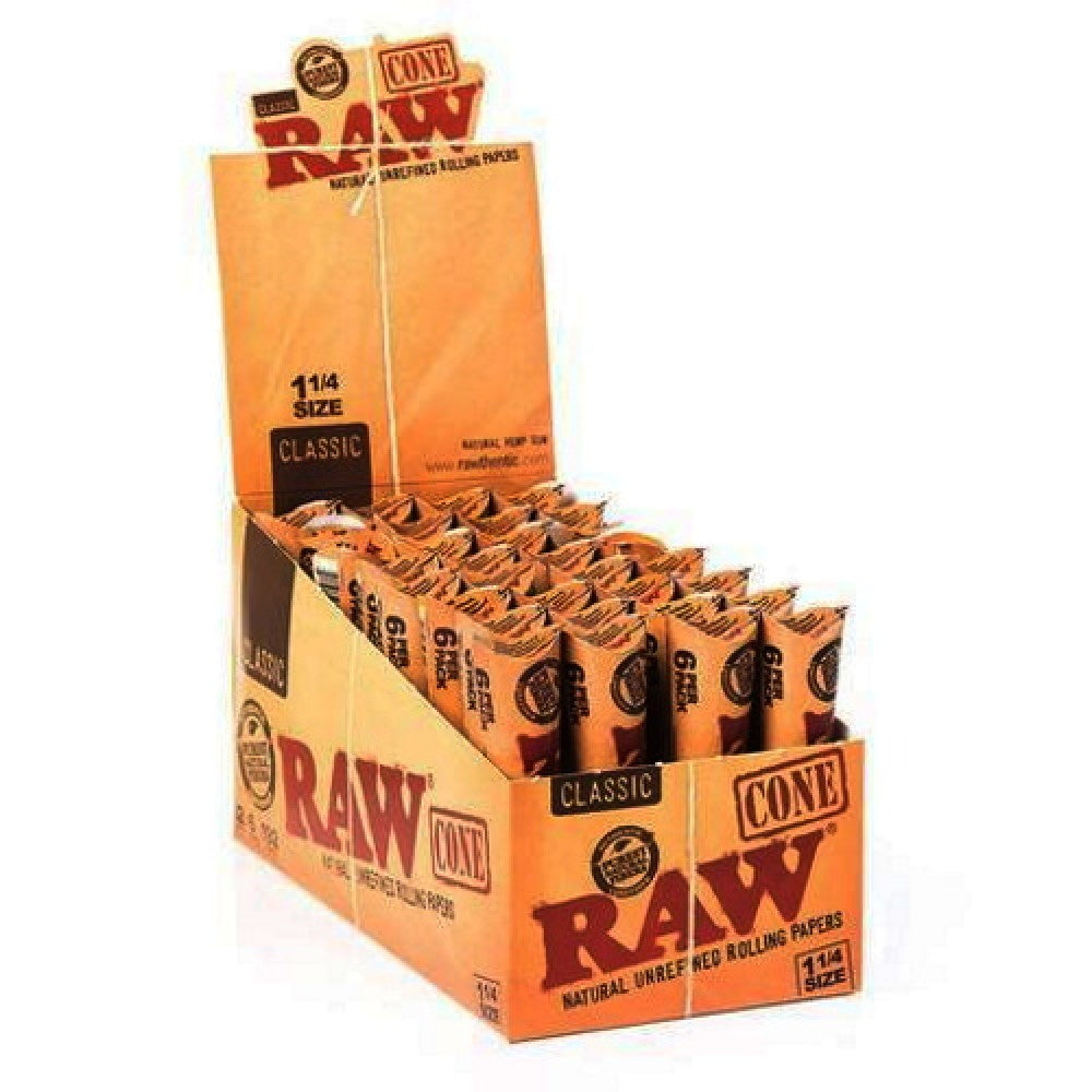RAW Classic 1¼ Size Pre-Rolled Cones with 6 cones per pack, 32 packs per box, and 192 cones total per box.
