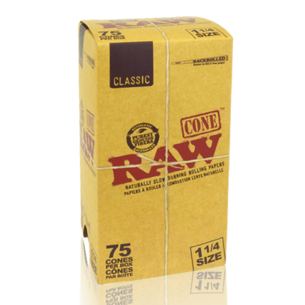 RAW Classic 1¼ Size Pre-Rolled Cones featuring 75 cones per box, classic RAW branding, convenient pre-rolled design, and compact packaging.
