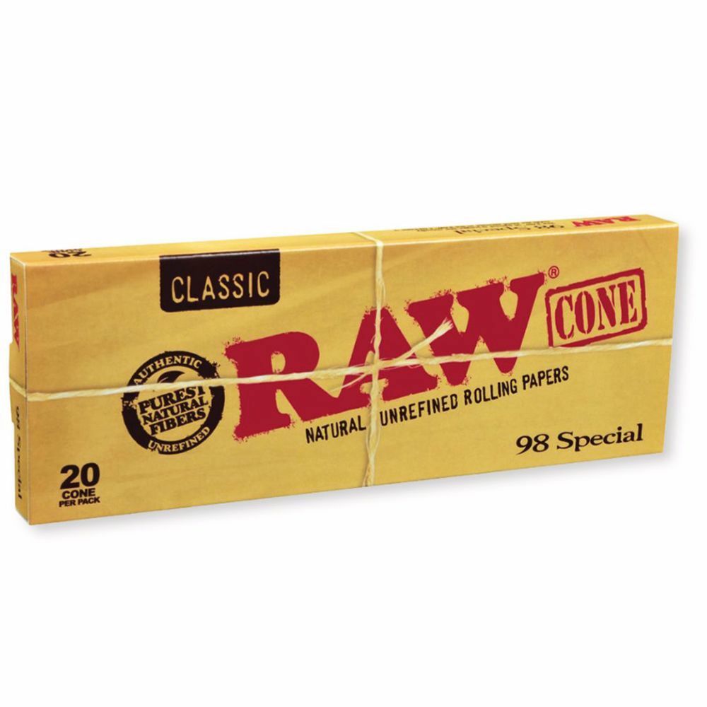 RAW Classic Cone 98 Special Pre-Rolled Cones featuring 20 cones per pack, 12 packs per display, classic RAW branding, and retail-ready packaging.