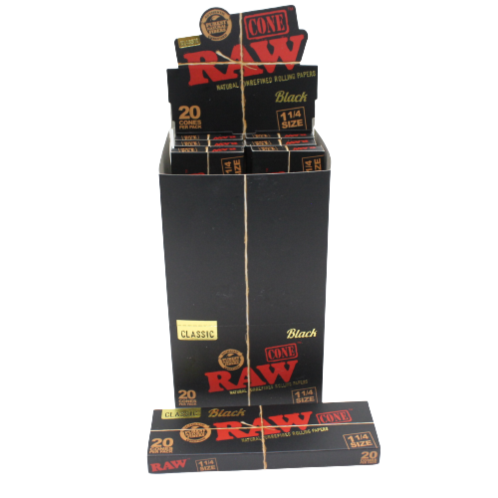 RAW Classic Black 1¼ Size Pre-Rolled Cones with 20 cones per pack and 12 packs per box, featuring sleek RAW Black packaging and convenient cone design.