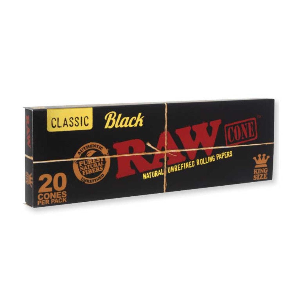 RAW Classic Black King Size Pre-Rolled Cones featuring 20 cones per pack, 12 packs per display, sleek black design, and recognizable RAW branding.