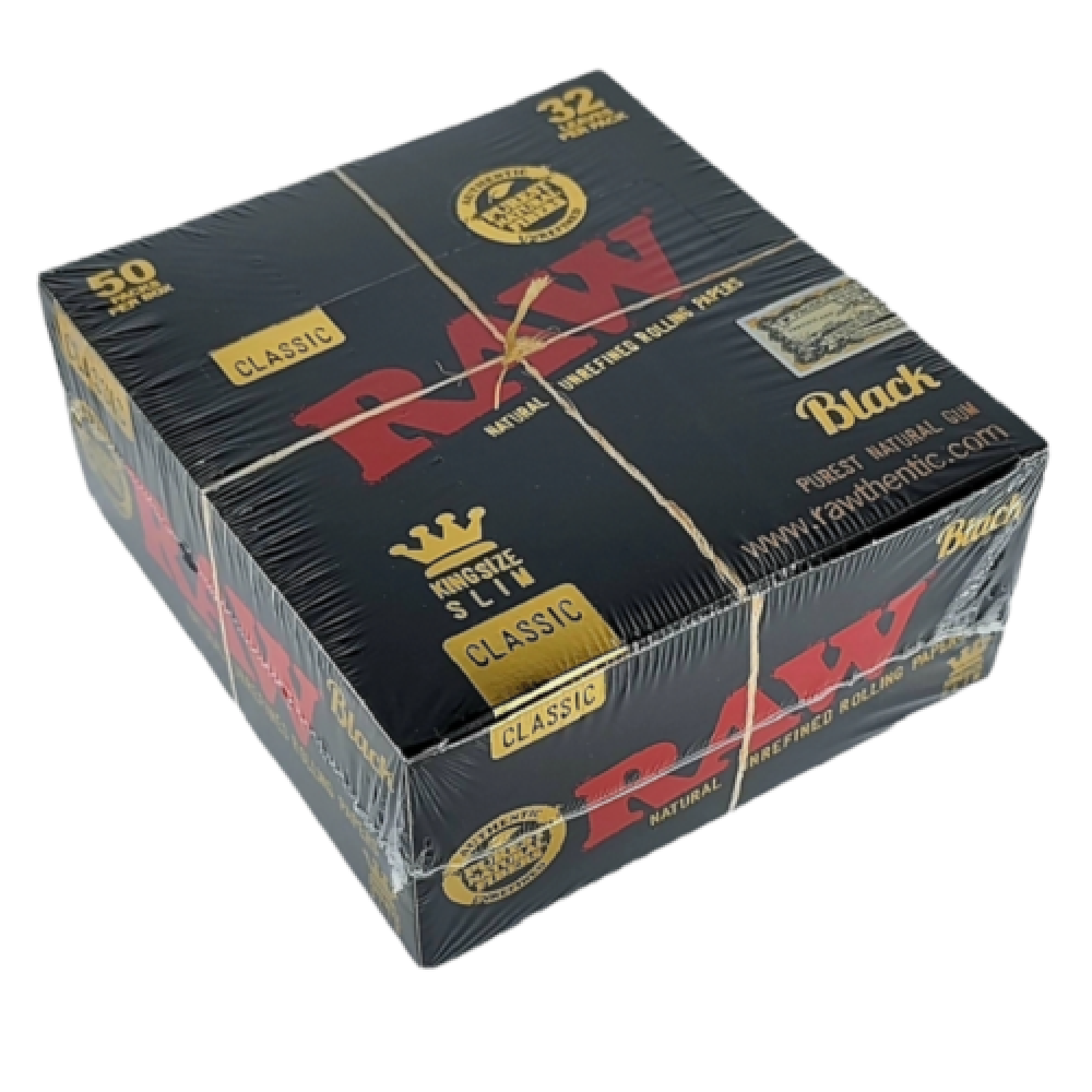 RAW Classic Black King Size Slim 50 Pack Rolling Papers featuring a sleek black design, slim format, thin lightweight paper, and recognizable RAW branding.
