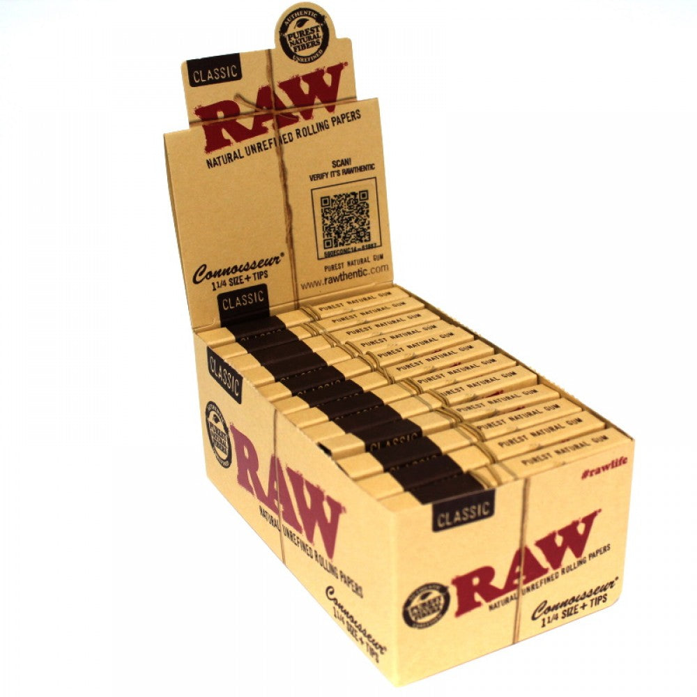 RAW Classic Connoisseur 1 1/4 Rolling Papers with Included Filter Tips and Signature RAW Packaging, Featuring 24 Packs Per Box for Wholesale Distribution