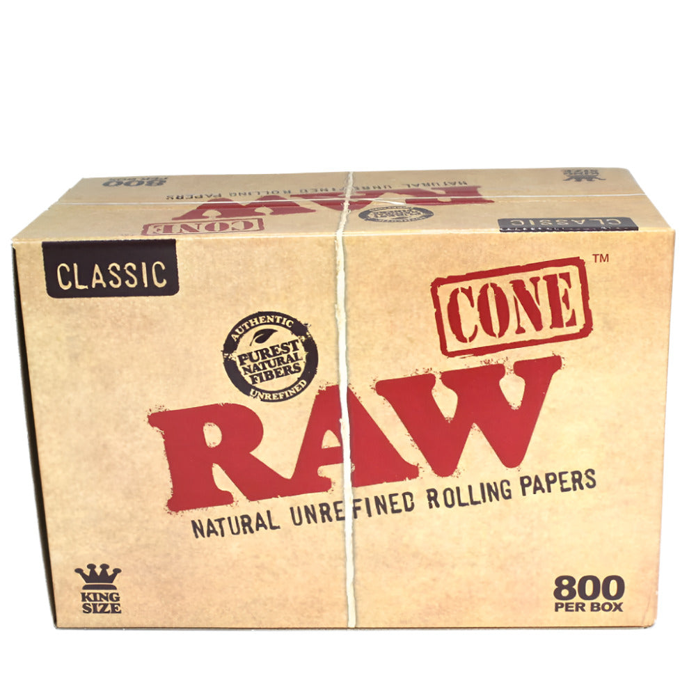 RAW Classic King Size Pre-Rolled Cones featuring 800 cones per box, classic RAW branding, convenient pre-rolled design, and bulk packaging.
