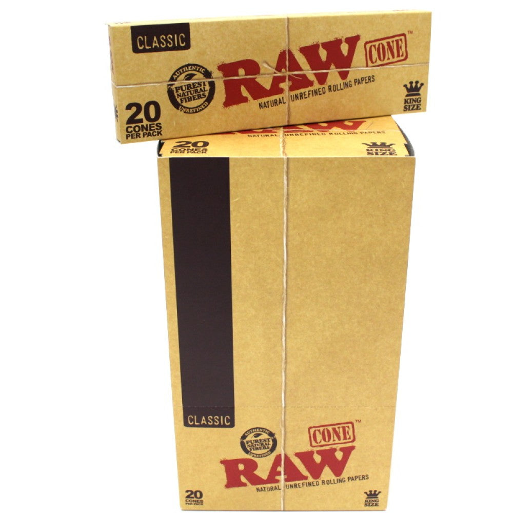RAW Classic King Size Pre-Rolled Cones available in 12 or 20 cones per pack, featuring classic RAW branding, convenient packaging, and a compact retail design.