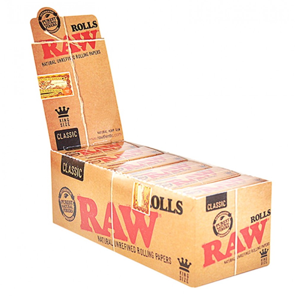 RAW Classic King Size Rolls 12 Count Pack Featuring Original RAW Branding, Classic Rolling Paper Design, and Convenient Packaging for Retail Displays and Wholesale Collections.