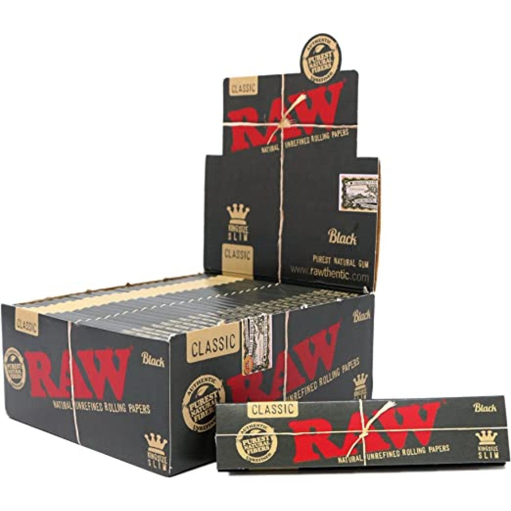 RAW Classic King Size Slim Black 50 Pack Rolling Papers featuring a sleek black design, thin lightweight paper, recognizable RAW branding, and convenient packaging.