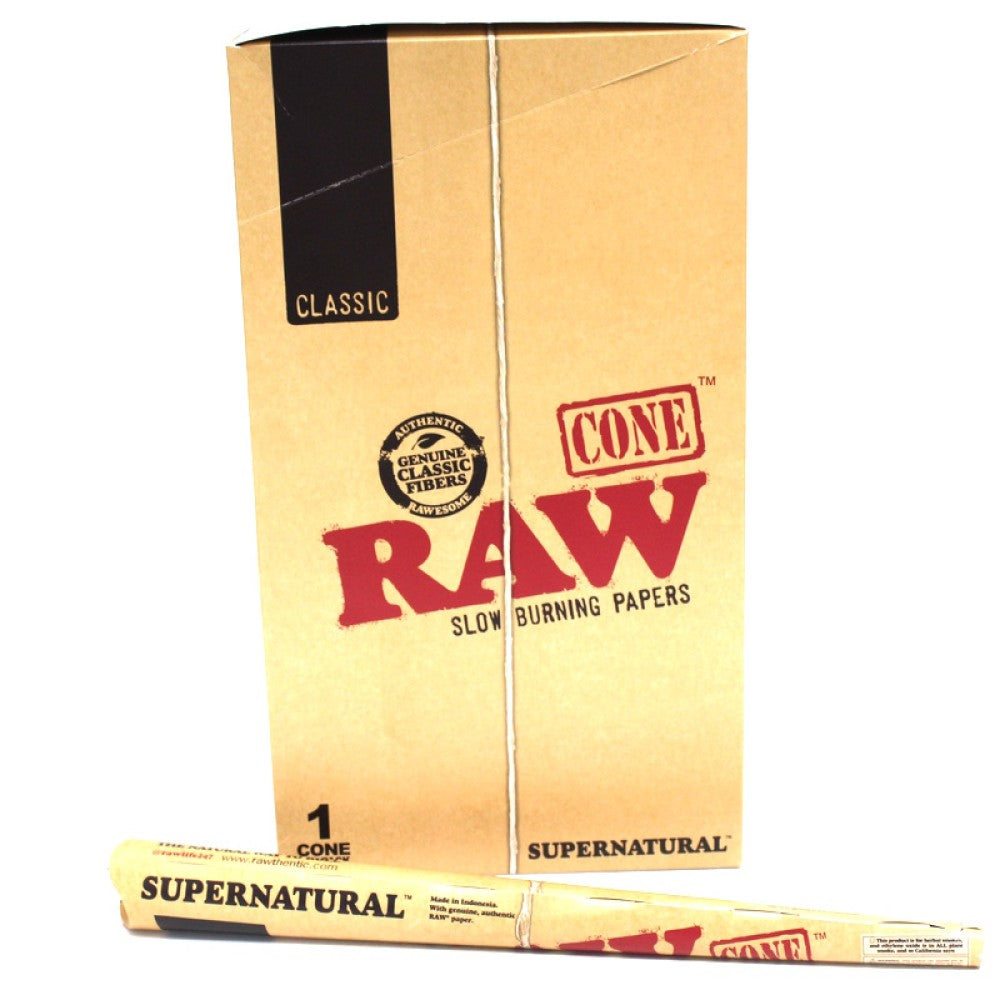 RAW Classic Supernatural Cone featuring a slow-burning design, pre-rolled cone format, natural-style paper appearance, and recognizable RAW Classic branding.