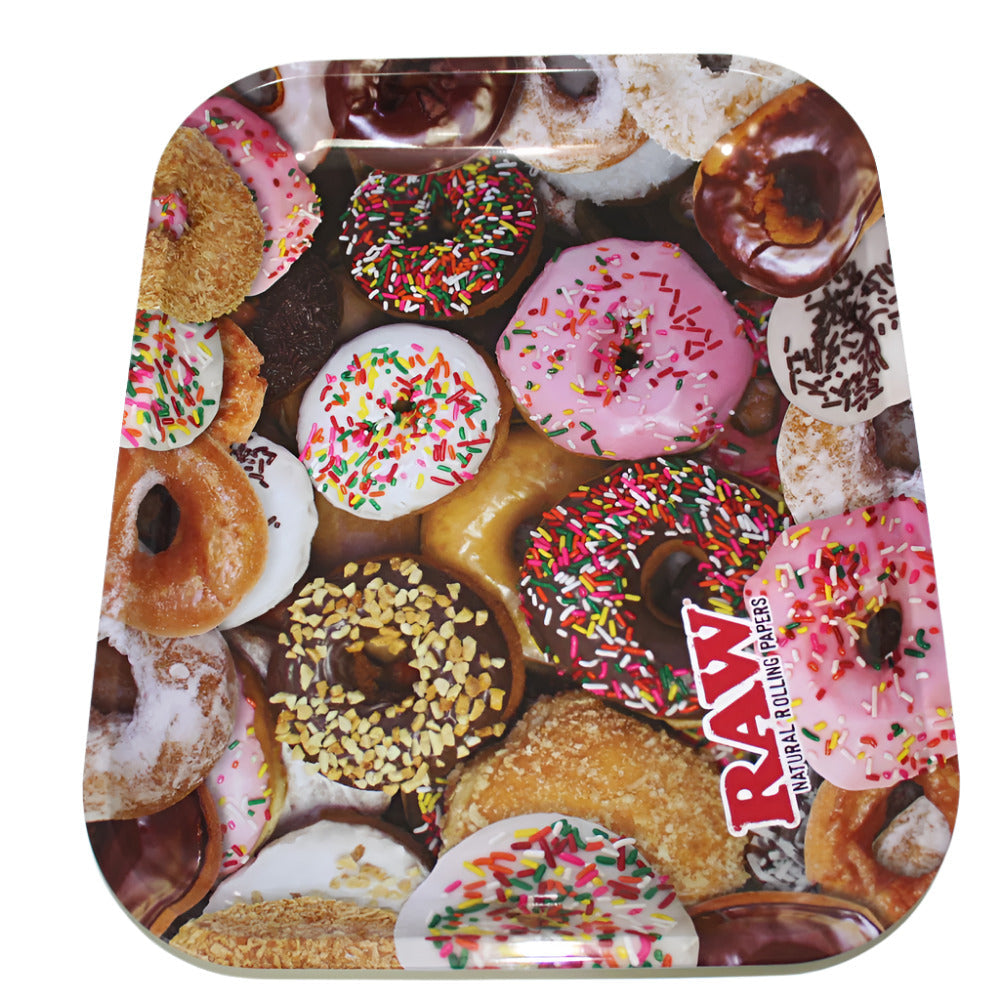 RAW Doughnut Large Metal Rolling Tray with Unique Doughnut Artwork and a Smooth Surface for Organizing Rolling Accessories