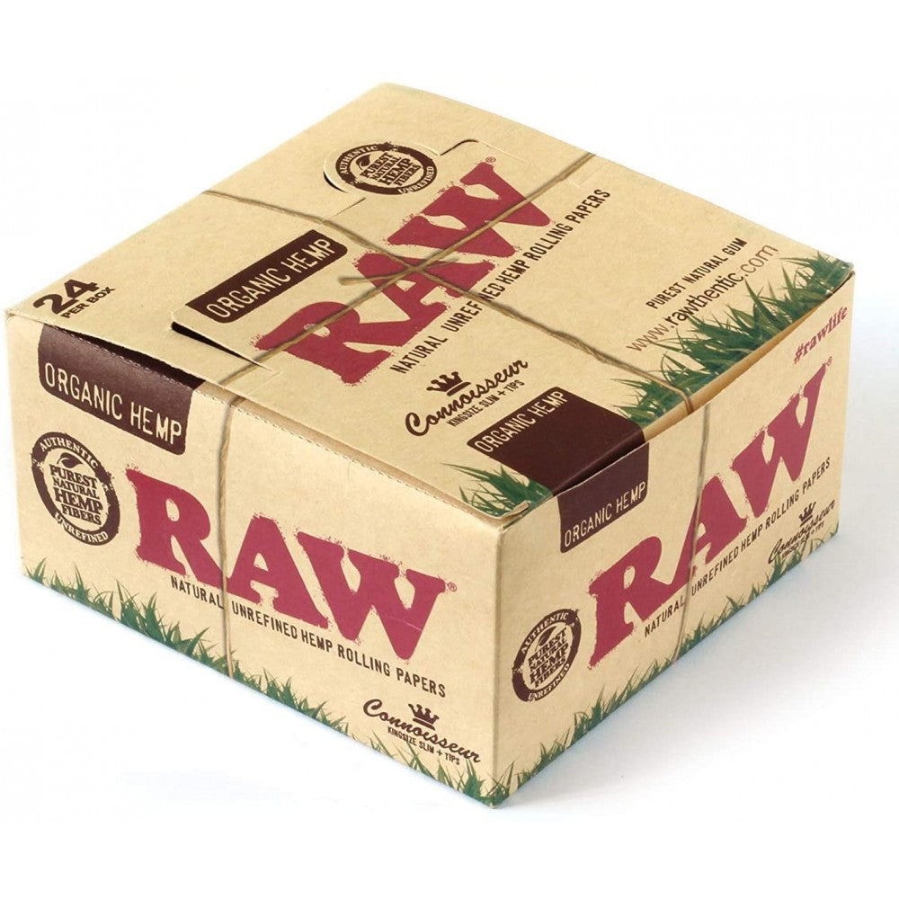 RAW Organic Connoisseur King Size Slim Rolling Papers with Matching Filter Tips, Organic Hemp Paper, and 24 Packs Per Box for Retail and Wholesale Supply