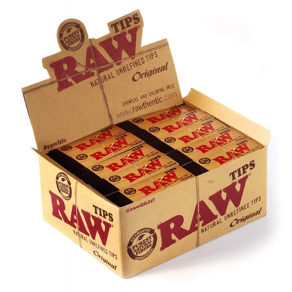 RAW Original Tips 50-Count Pack Featuring Classic RAW Branding and Compact Packaging, Ideal for Retail Displays and Wholesale Rolling Accessory Collections.