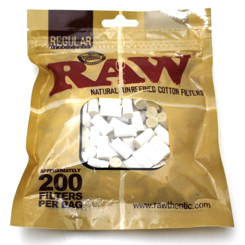 RAW Regular Natural Unrefined Cotton Filters in Original Branded Packaging, Containing 200 Cotton Filters Per Bag for Convenient Storage and Wholesale Supply