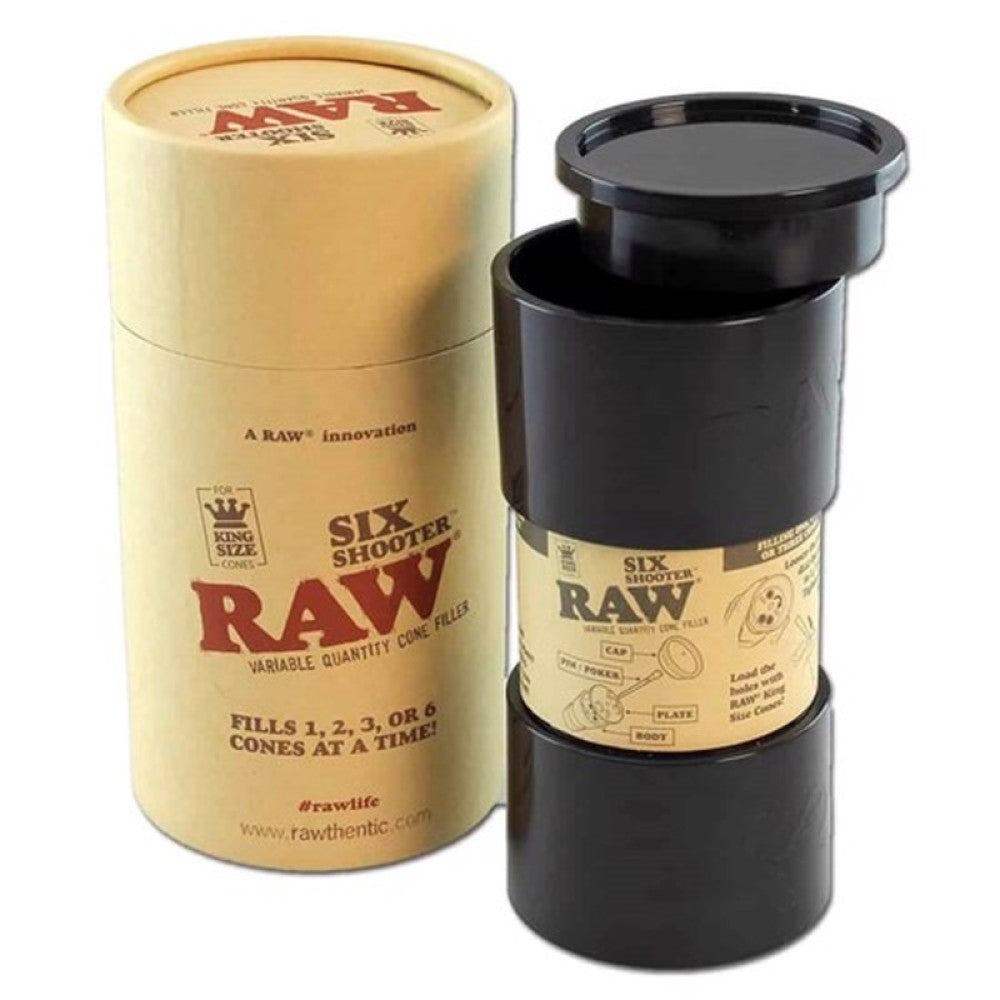 RAW Six Shooter King Size Cone Filling Accessory Featuring Signature RAW Branding and a Practical Design for Organizing King Size Cones in Retail and Wholesale Collections.