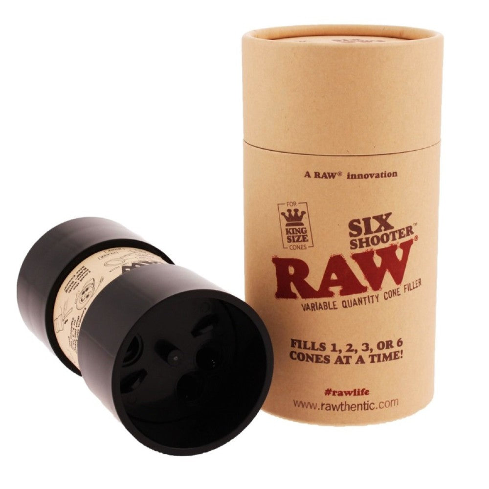 RAW Six Shooter King Size Cones Featuring Original RAW Branding, King Size Cone Design, and Convenient Cone-Filling Style for Retail Displays and Wholesale Collections.