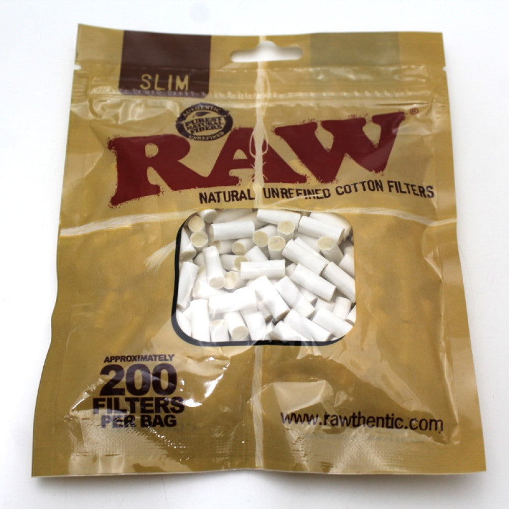 RAW Slim Natural Unrefined Cotton Filters in a 200-Count Bag, Featuring Slim Cotton Filters and Original RAW Branding for Retail Displays and Wholesale Collections.