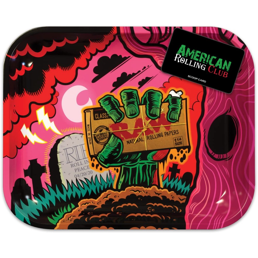 RAW Zombie Large Metal Rolling Tray measuring 14 x 11 inches, featuring raised edges, a spacious surface, durable construction, and distinctive Zombie artwork.