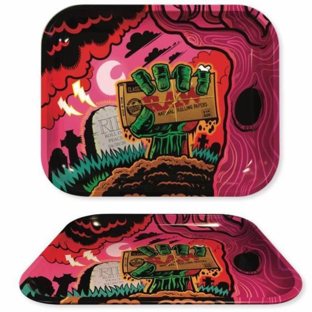 RAW Zombie Rolling Tray 14 x 11 inches featuring a large durable metal surface, raised edges, and distinctive RAW Zombie artwork.