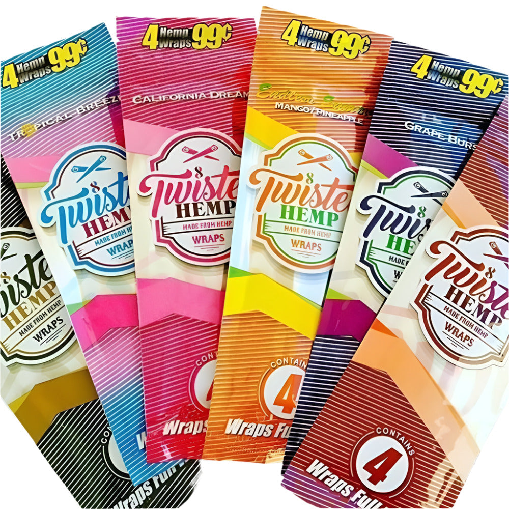 Twist Hemp Wraps featuring natural hemp material, flexible texture, smooth wrapping, and a convenient tobacco-free design.