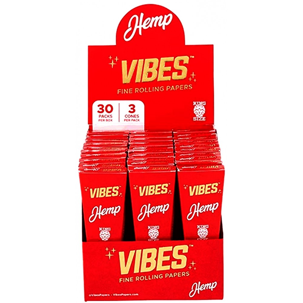 Vibes Hemp Cones King Size featuring 3 cones per pack, 30 packs per box, and 90 cones total in convenient retail-ready packaging.