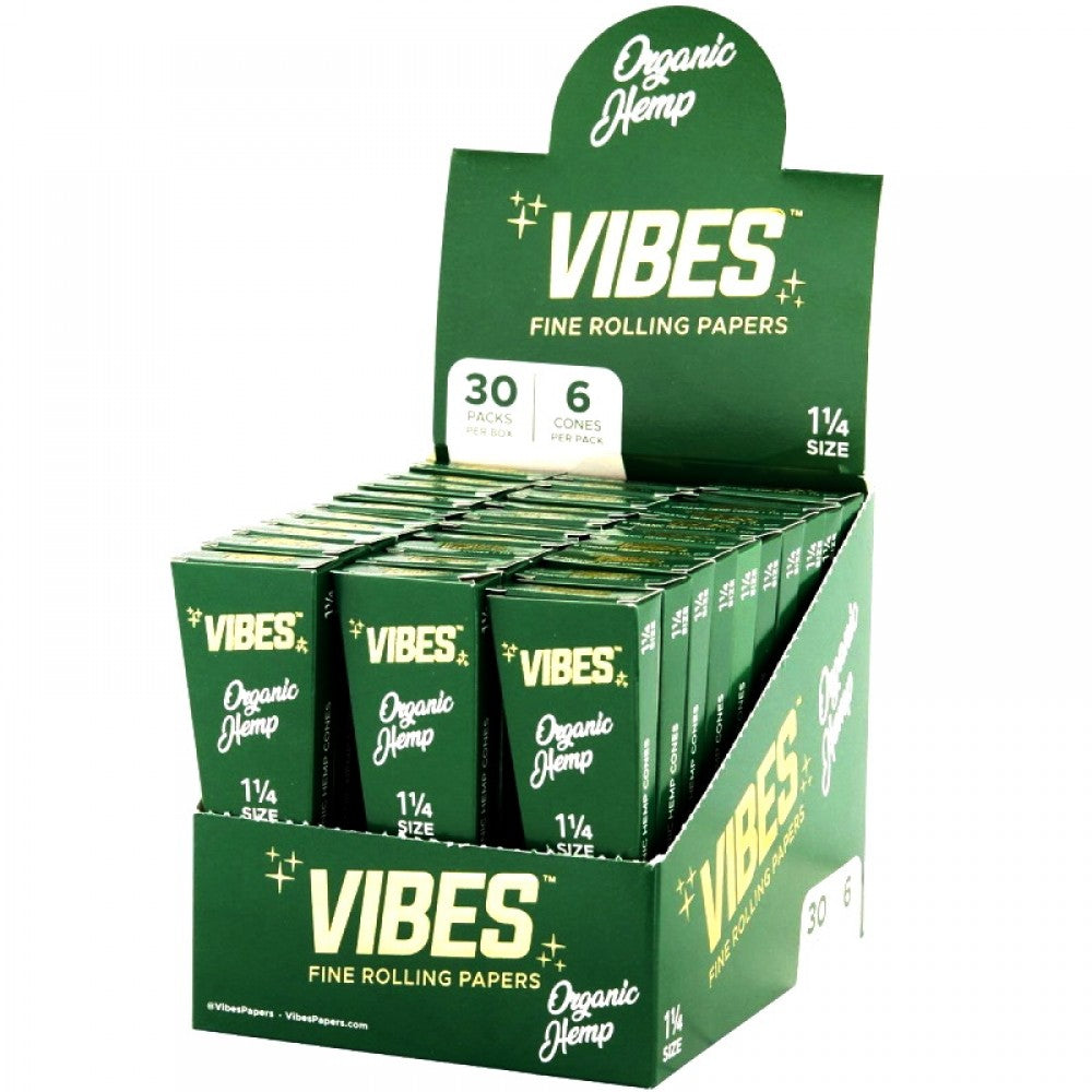Vibes Organic Hemp Cones 1 1/4 Size featuring 6 cones per pack, 30 packs per box, and 180 cones total in convenient retail-ready packaging.