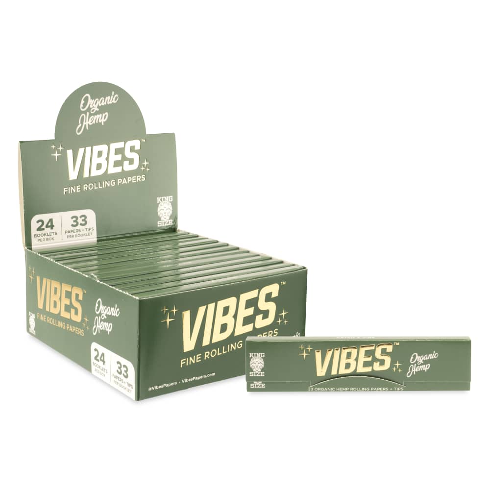 Vibes Organic Hemp Rolling Papers King Size with 24 booklets per box, featuring 33 papers and tips per booklet in convenient retail-ready packaging.