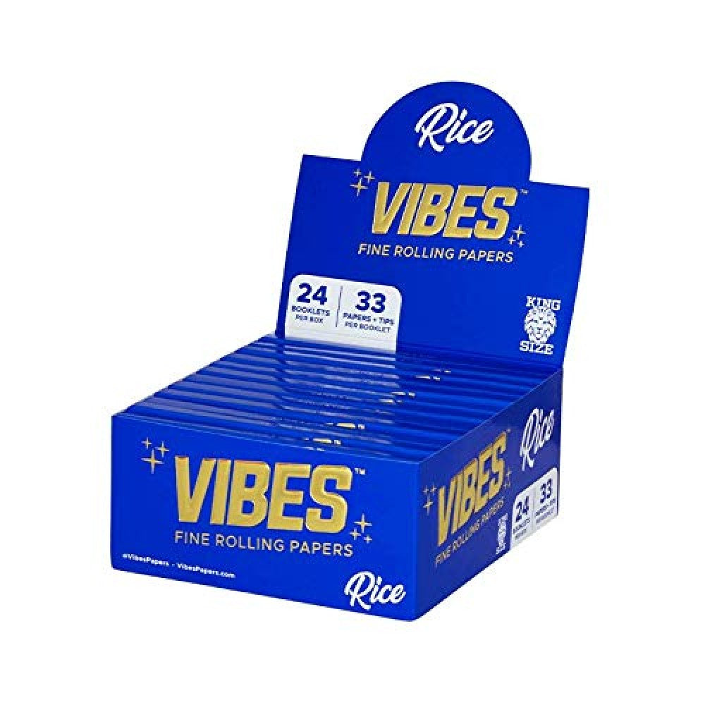 Vibes Rice Fine Rolling Papers King Size with 24 booklets per box, featuring 33 papers and tips per booklet in convenient retail-ready packaging.