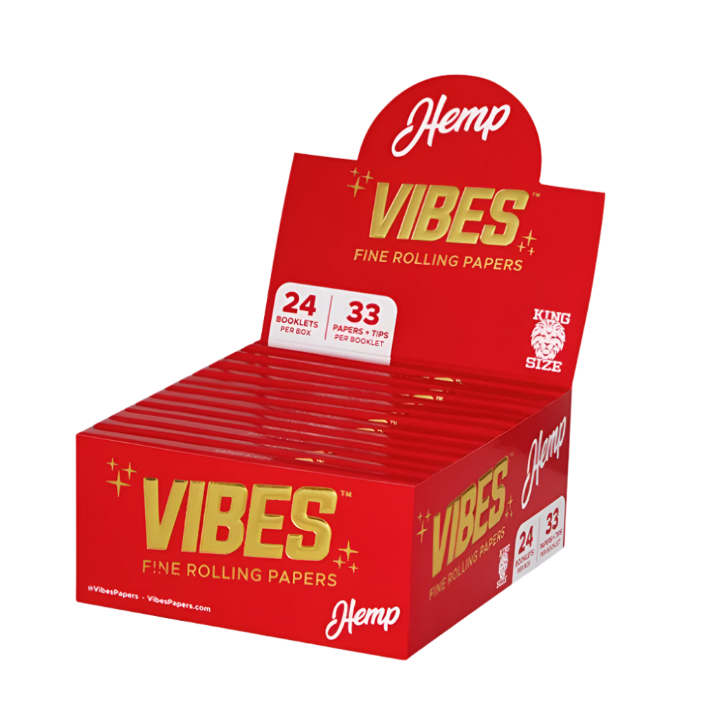 Vibes Ultra Thin Cones 1 1/4 Size with 6 cones per pack, 30 packs per box, and 180 cones total, featuring convenient retail-ready packaging.