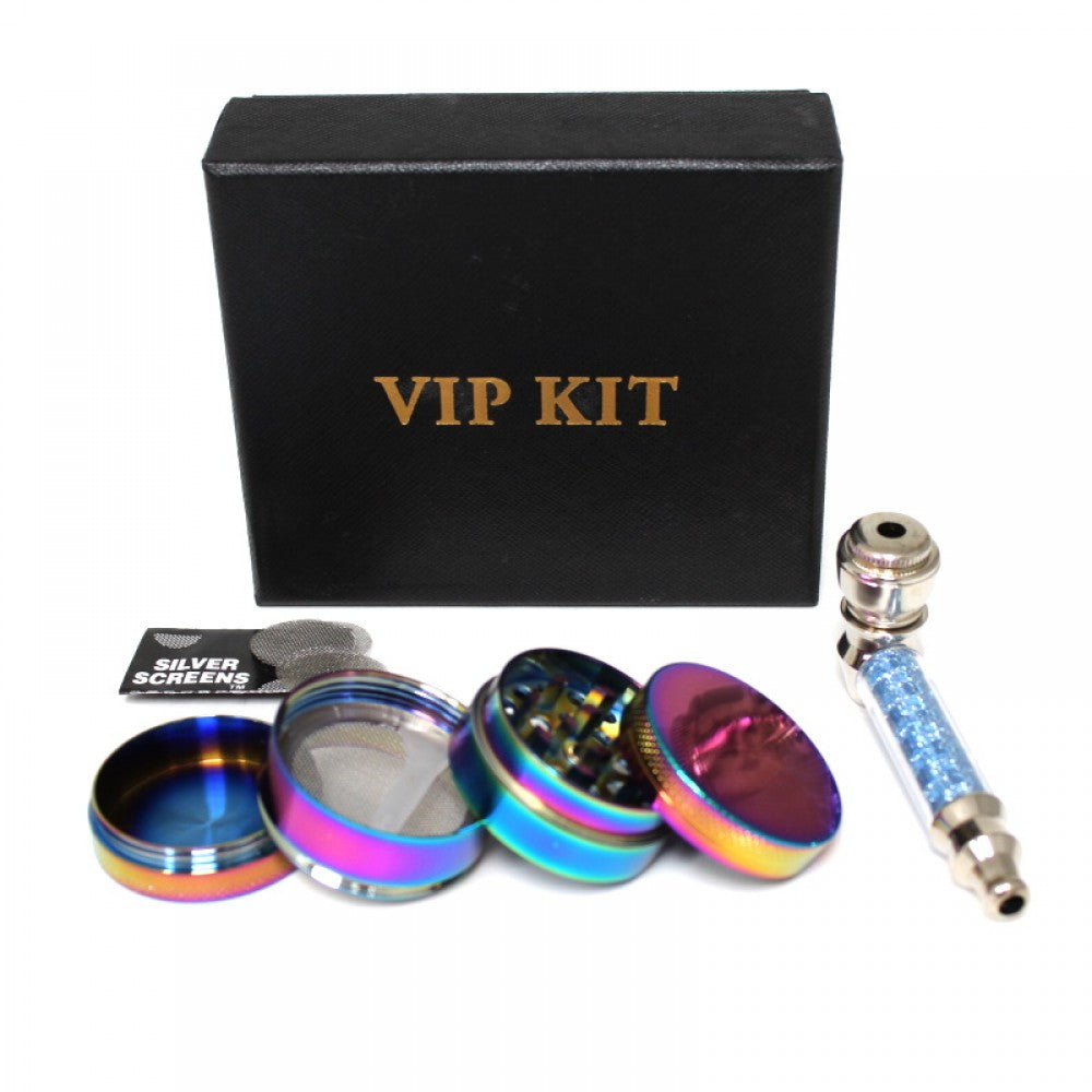 VIP kit box with rainbow color metal grinder, metal pipe, and pipe screen set featuring durable construction and colorful styling.
