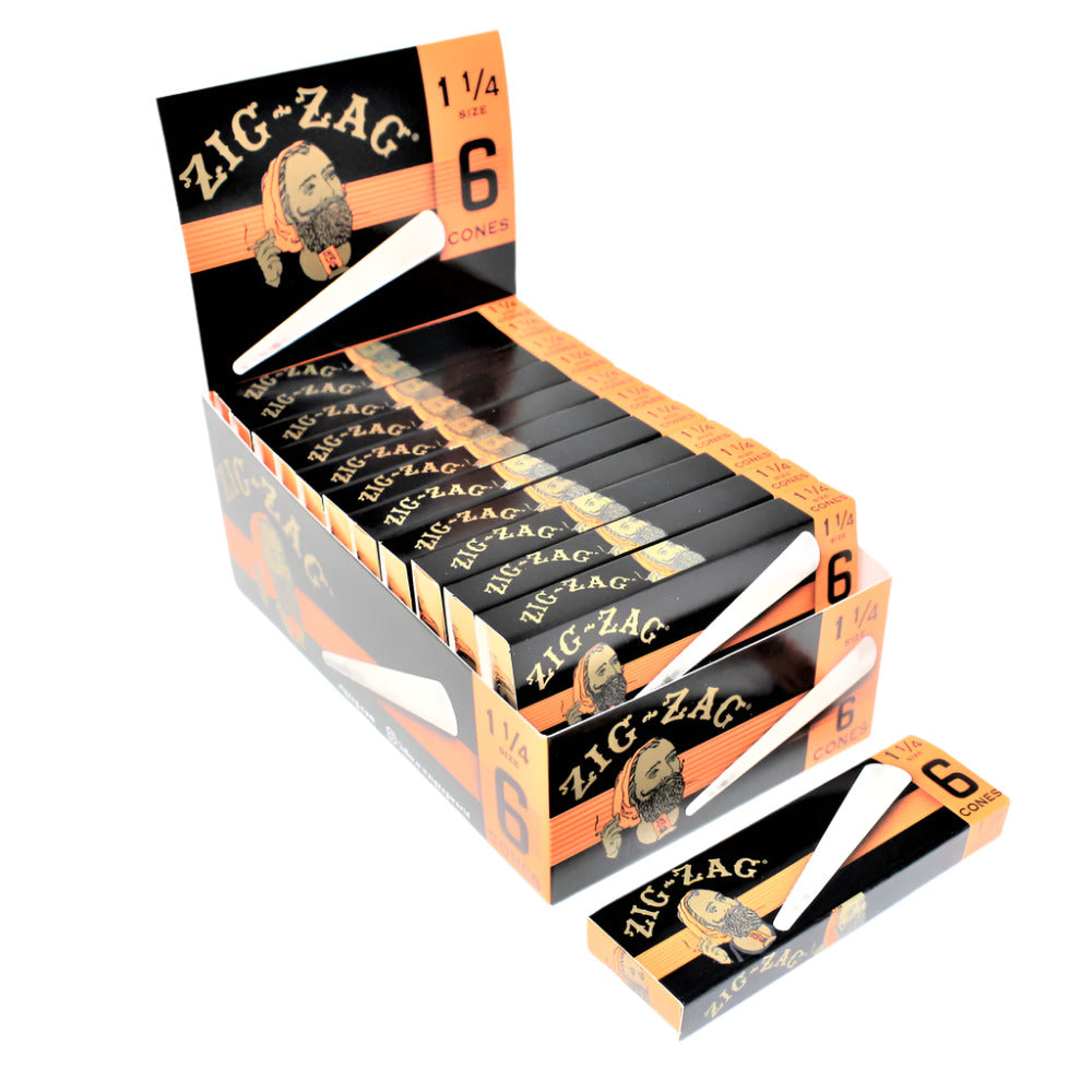 Zig-Zag 1 1/4 Size Cones Display Featuring 24 Packs with 6 Cones Per Pack, Classic Zig-Zag Branding, and Convenient Packaging for Retail Displays and Wholesale Collections.