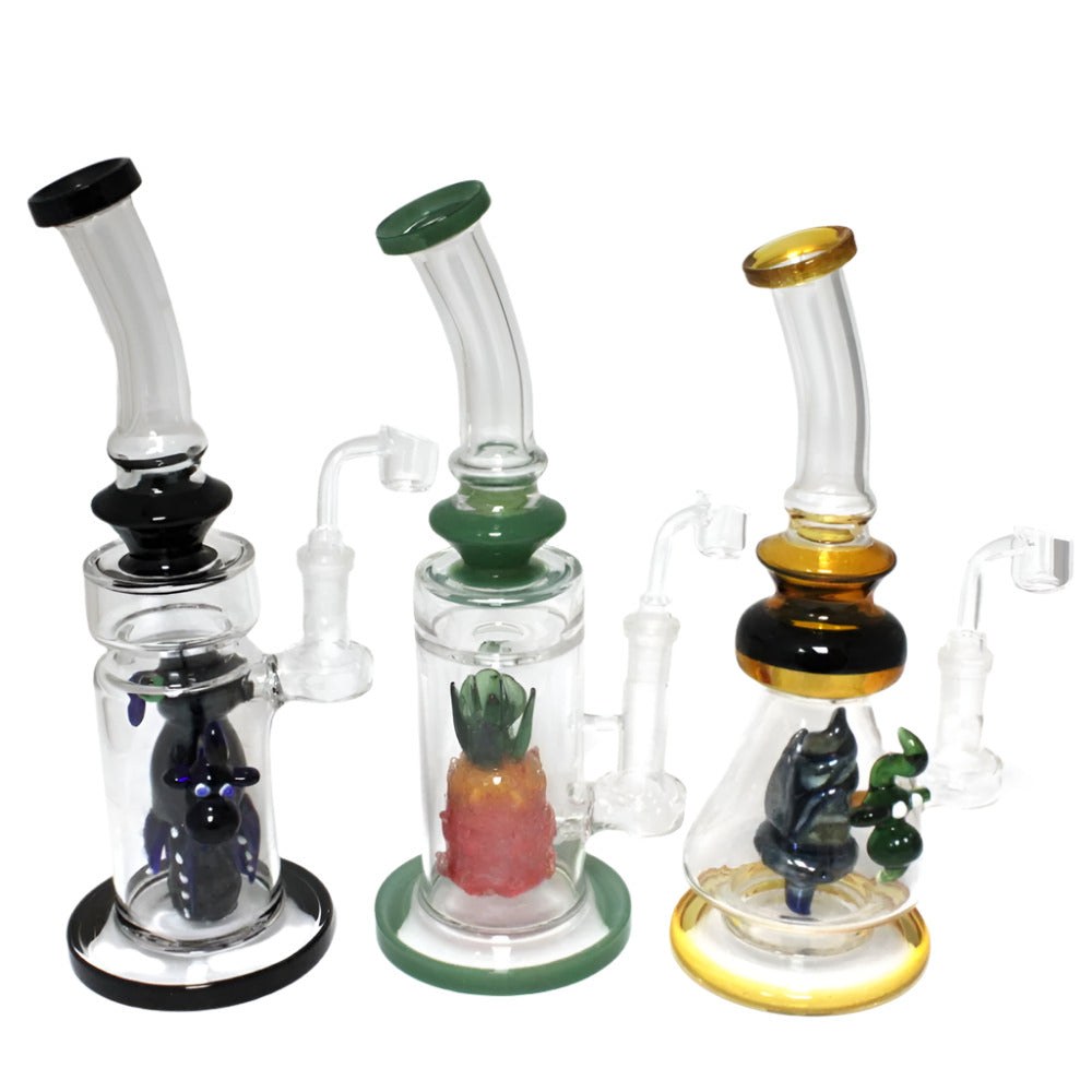 10.5 Inch Assorted Design Percolator Glass Water Pipe Featuring Decorative Patterns, a Built-In Percolator, and a 14mm Male Banger for Retail and Wholesale Supply.