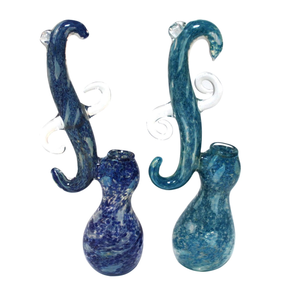 10.5-inch blue bubble color heavy-duty glass bubbler with a unique hook design and large water chamber.