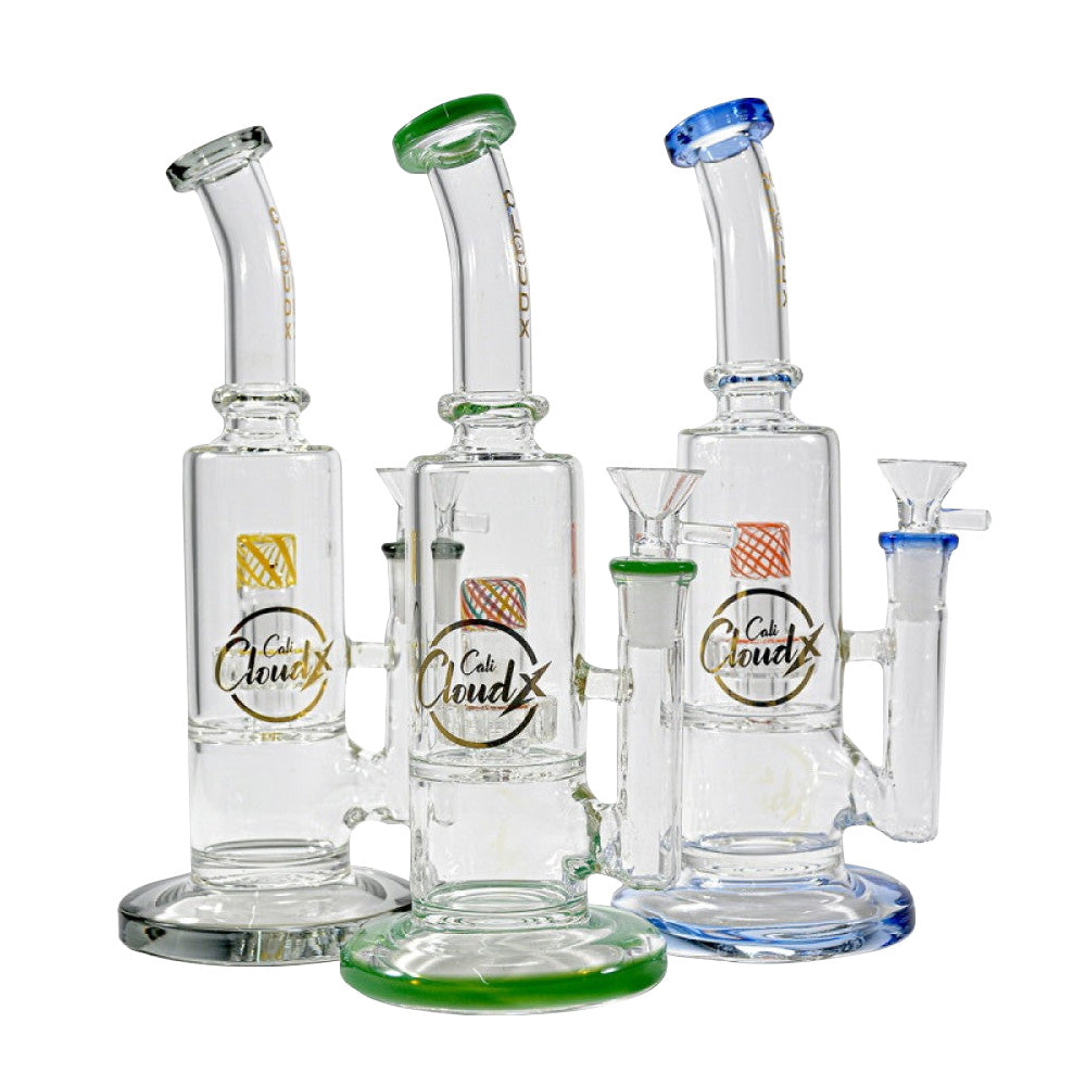 10-inch Cali Cloudx shower head percolator water pipe featuring durable glass construction, detailed percolator chamber, stable base, smooth polished finish, and sleek G-G design.